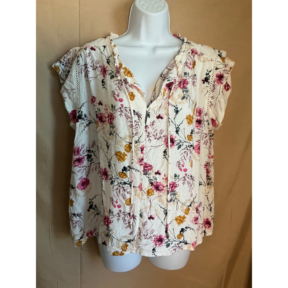 Buffalo David Bitton Blouse Womens Large White Floral Excellent Boho Tassel Tie
